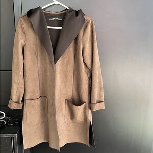 Zara Knit Faux Suede Olive/Brown Hooded Drape Coat
